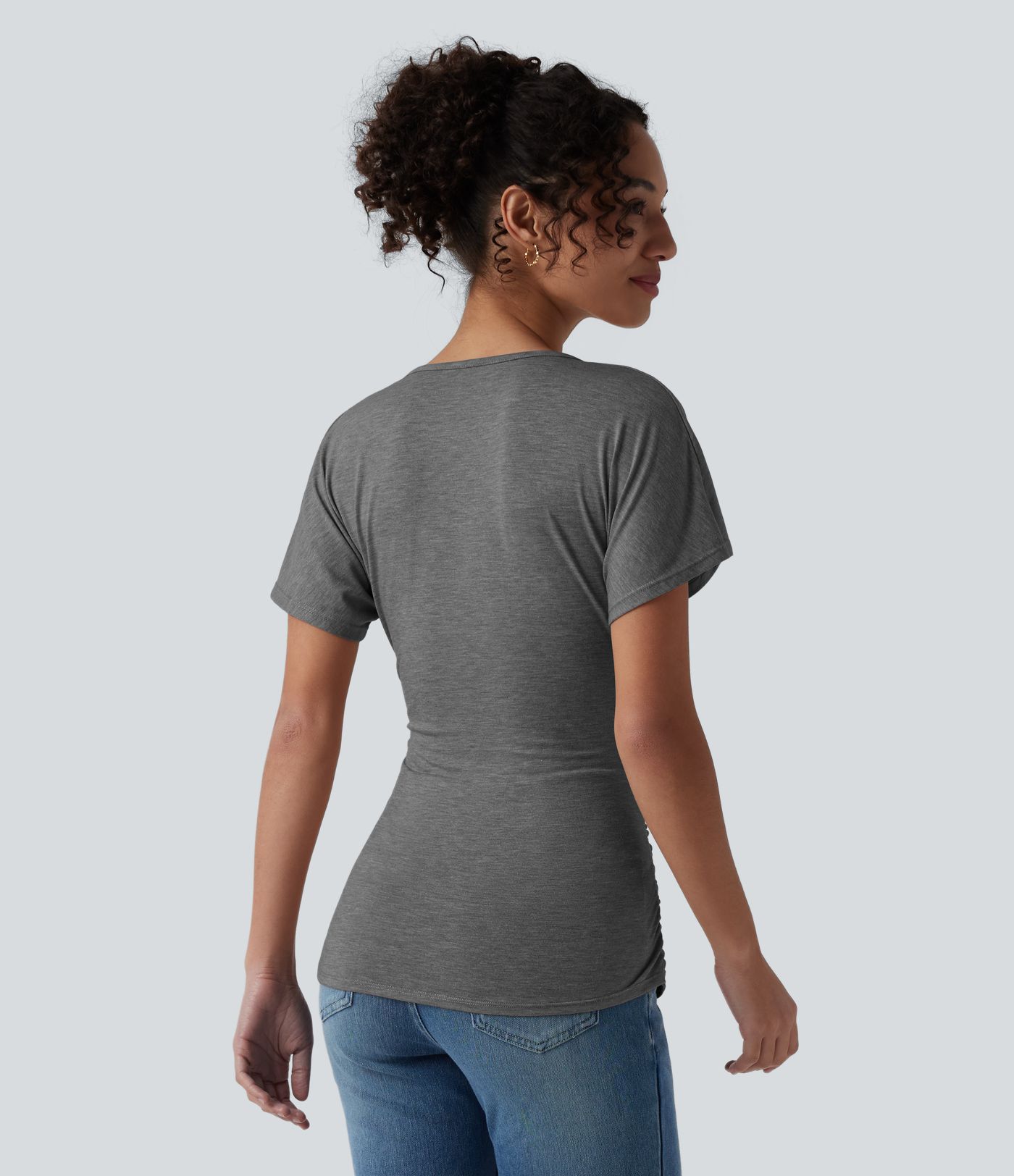 V Neck Short Sleeve Ruched Casual Top