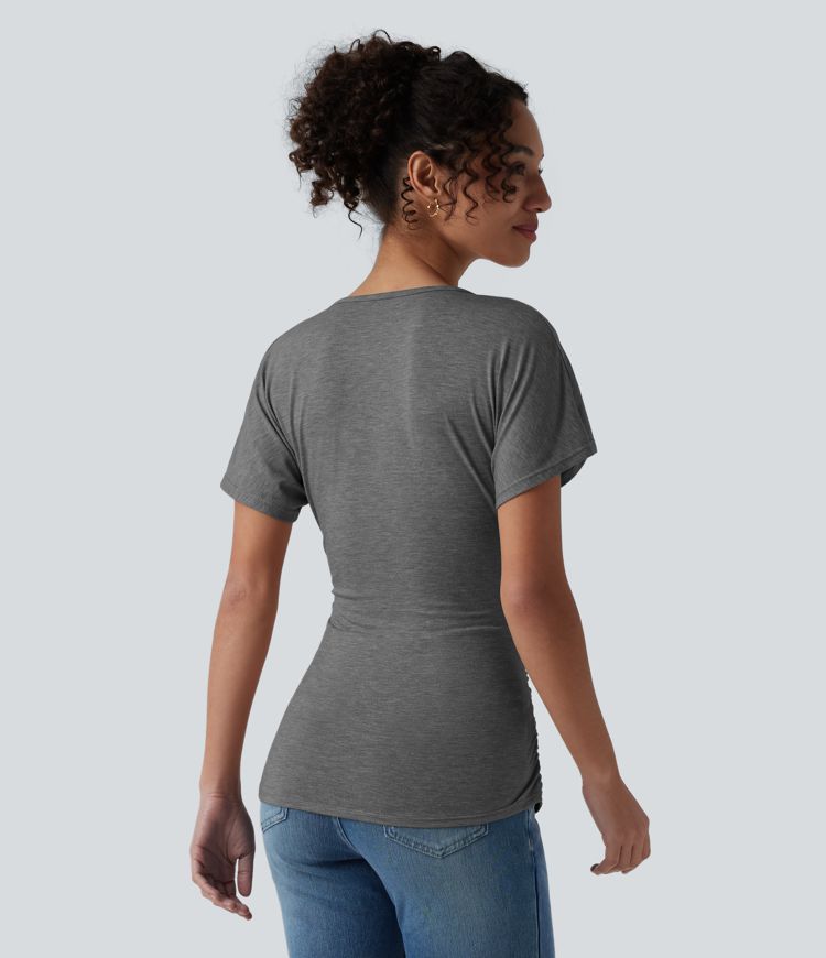 V Neck Short Sleeve Ruched Casual Top