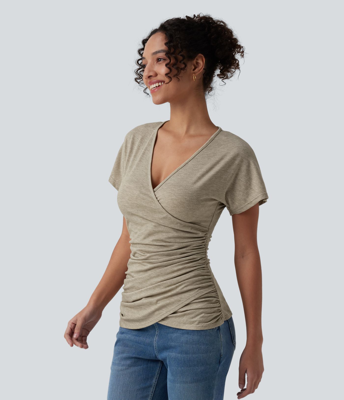 V Neck Short Sleeve Ruched Casual Top