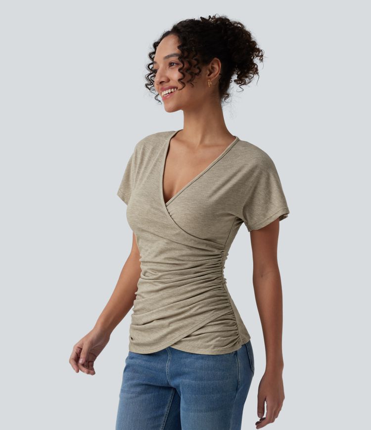 V Neck Short Sleeve Ruched Casual Top