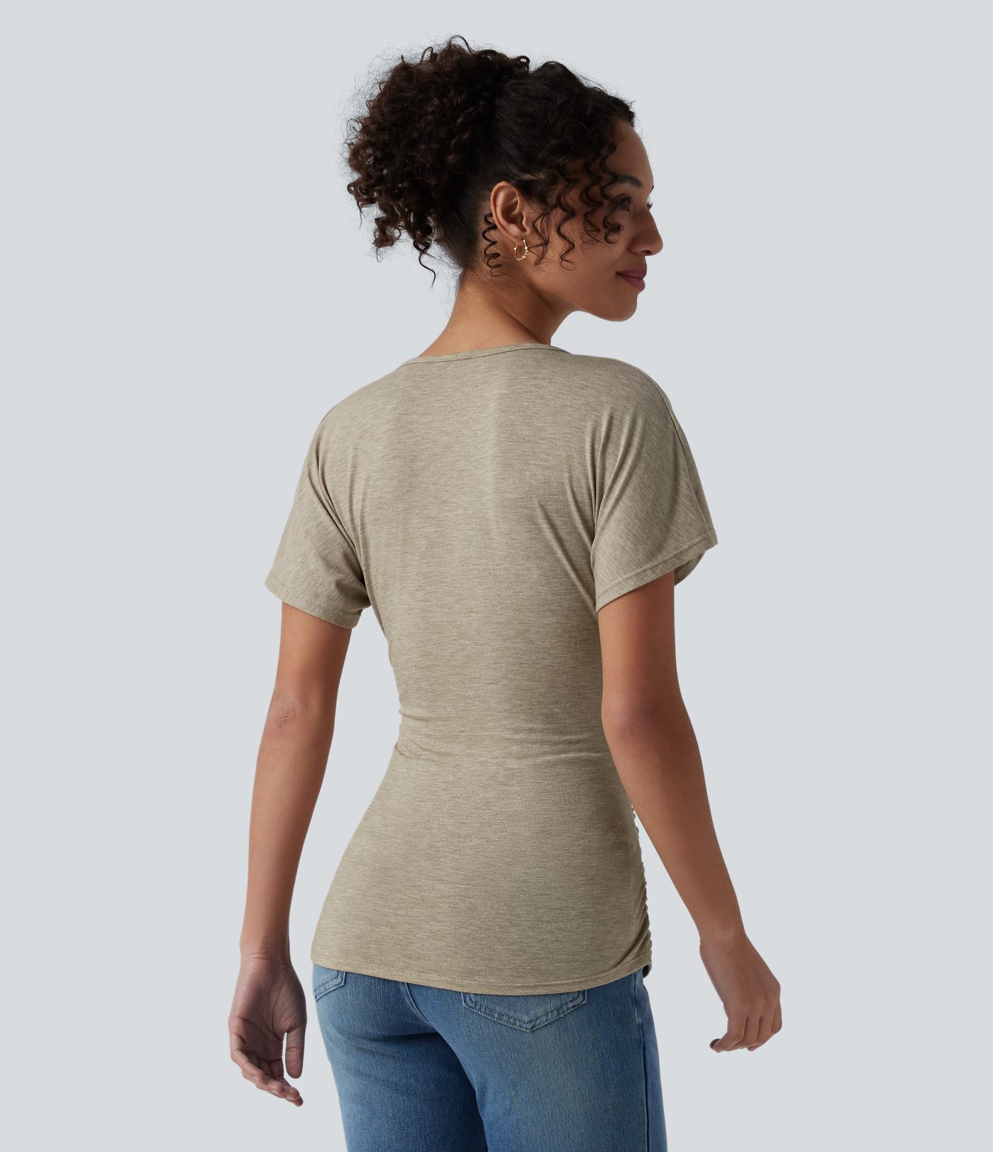 V Neck Short Sleeve Ruched Casual Top