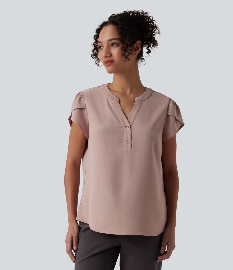 Arbeitsbluse mit V-Ausschnitt und kurzen, blütenblattförmigen Ärmeln