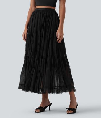High Waisted Contrast Mesh Maxi Skirt