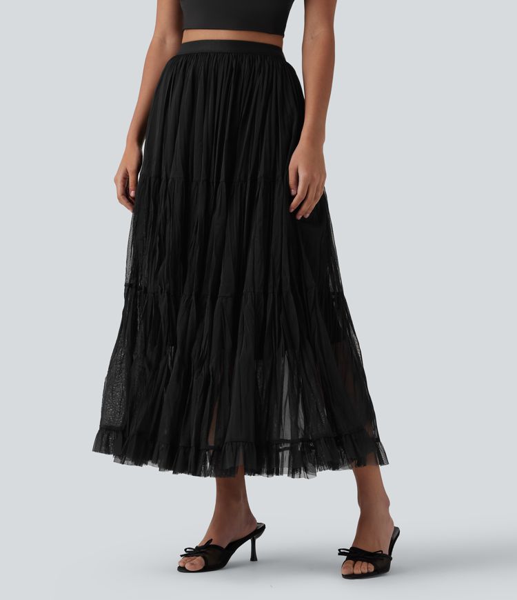 High Waisted Contrast Mesh Maxi Skirt