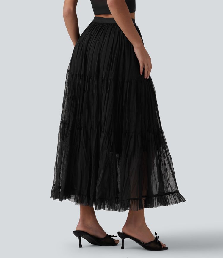 High Waisted Contrast Mesh Maxi Skirt