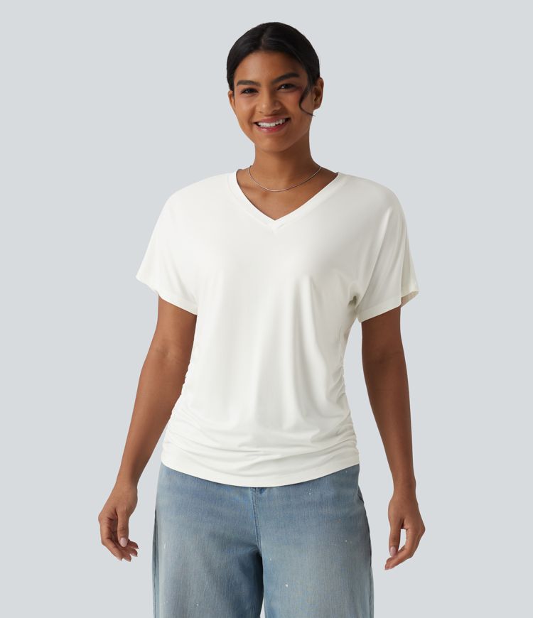 V-neck Short Sleeve Ruched Plain Casual T-Shirt