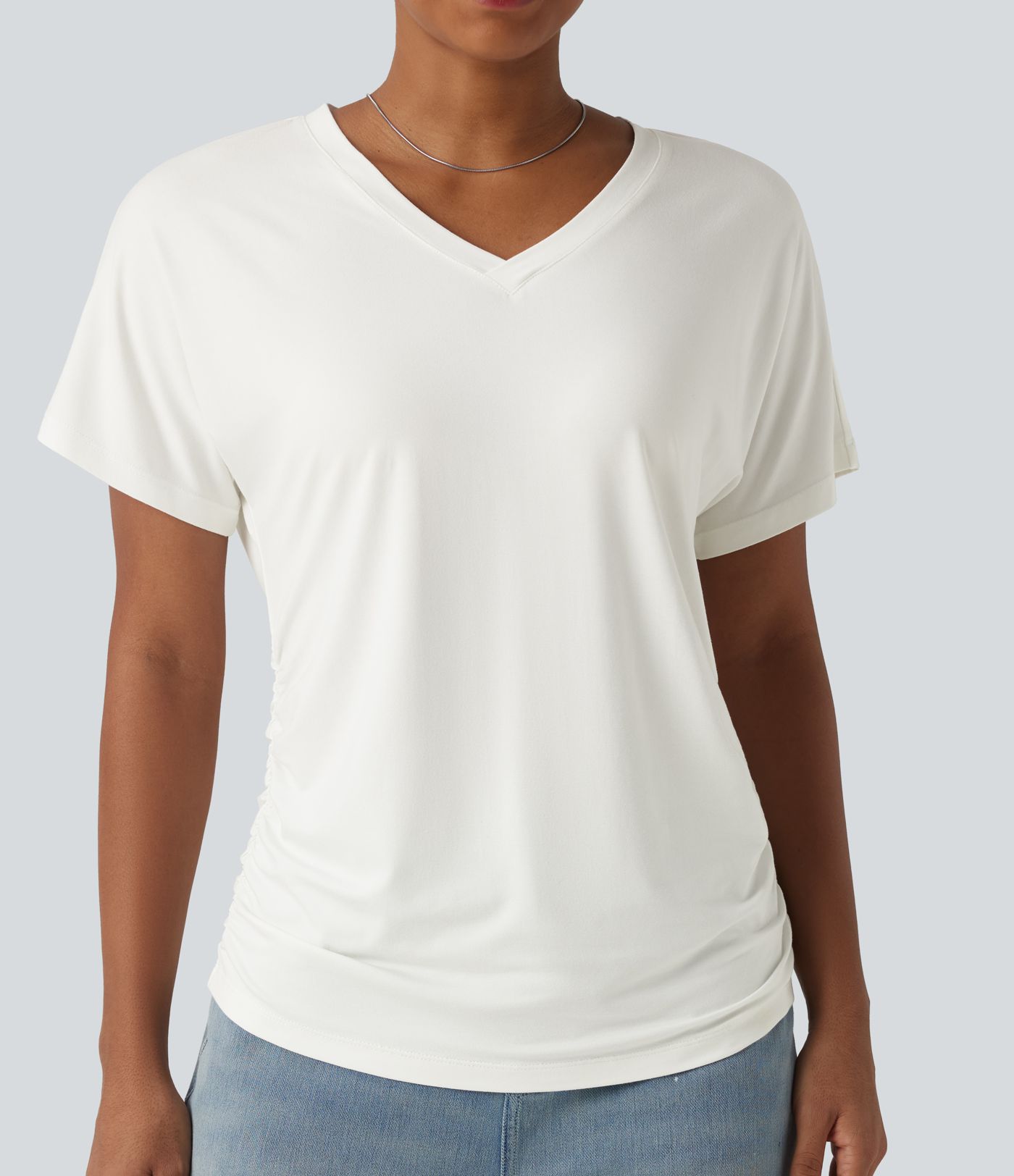 V-neck Short Sleeve Ruched Plain Casual T-Shirt