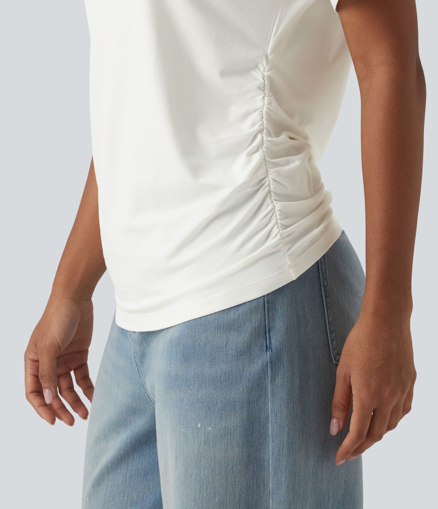 V-neck Short Sleeve Ruched Plain Casual T-Shirt