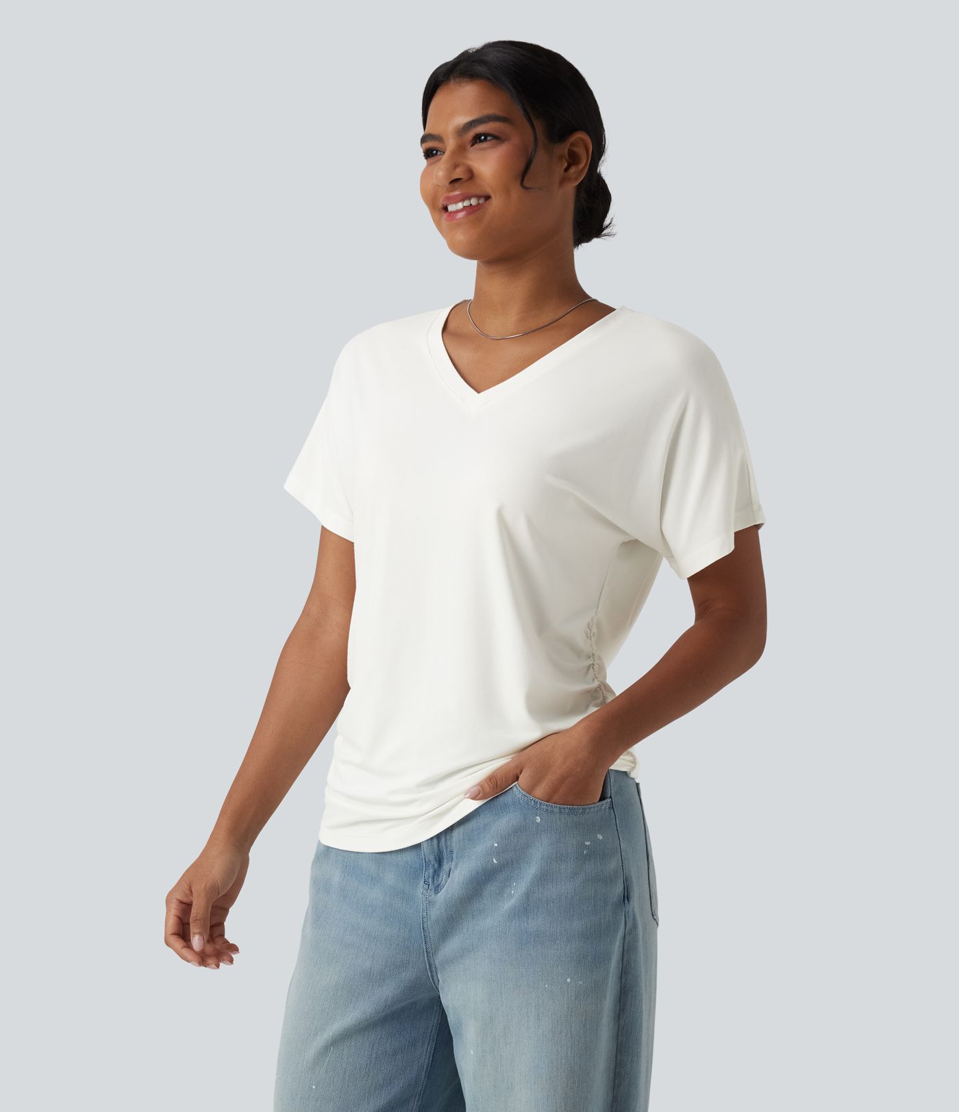V-neck Short Sleeve Ruched Plain Casual T-Shirt