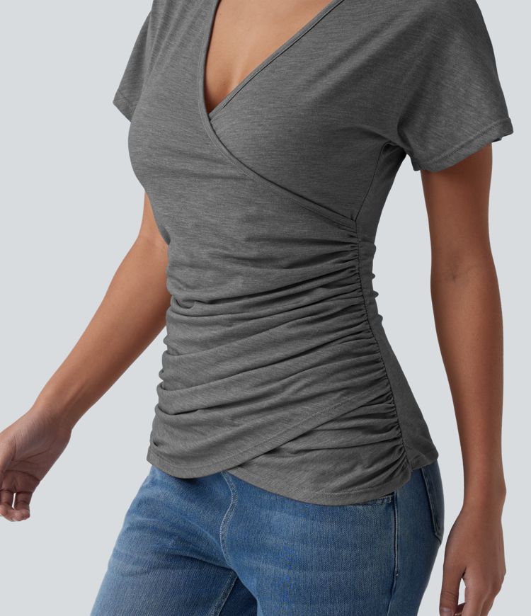 V Neck Short Sleeve Ruched Casual Top
