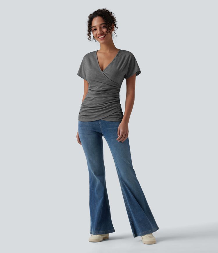 V Neck Short Sleeve Ruched Casual Top