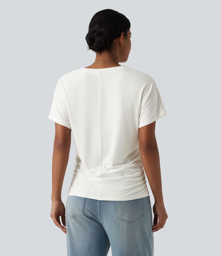 V-neck Short Sleeve Ruched Plain Casual T-Shirt