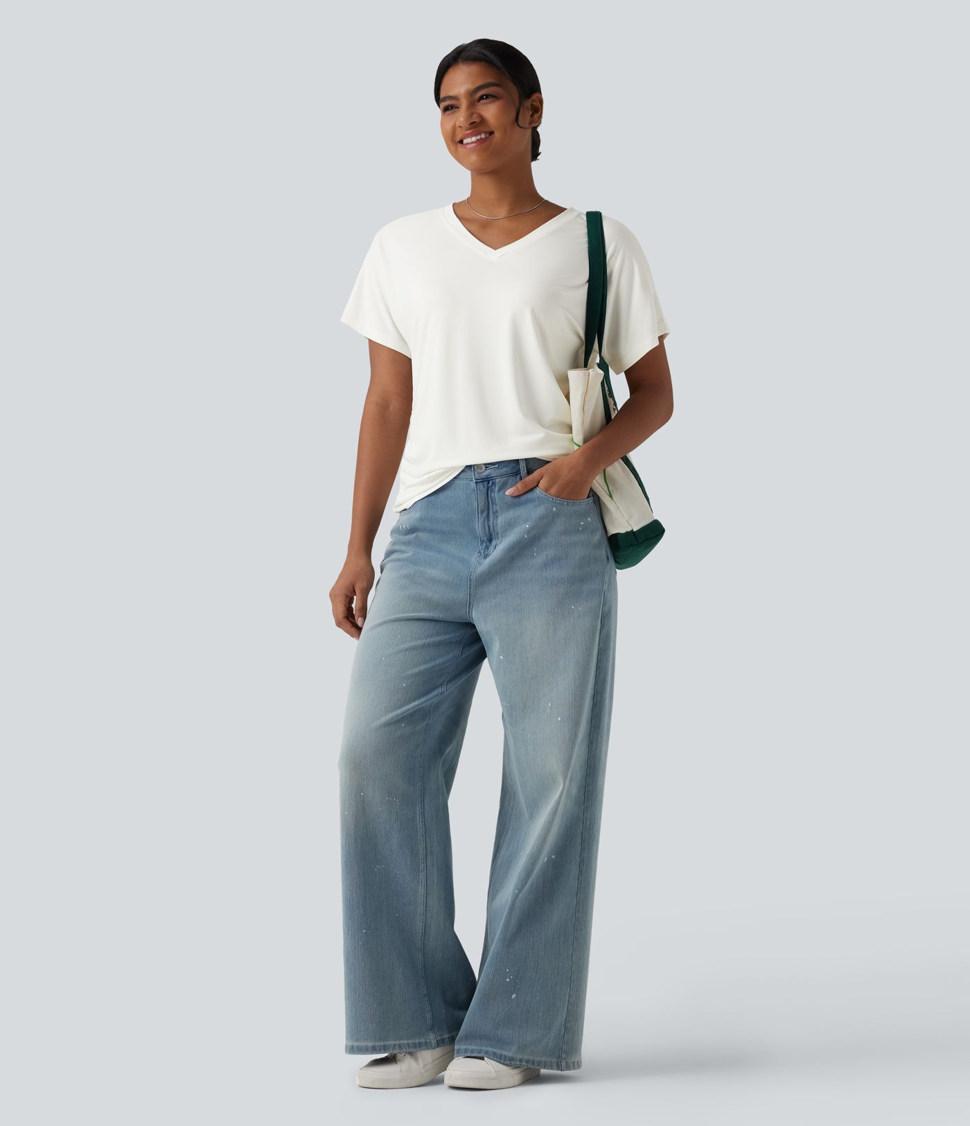 V-neck Short Sleeve Ruched Plain Casual T-Shirt