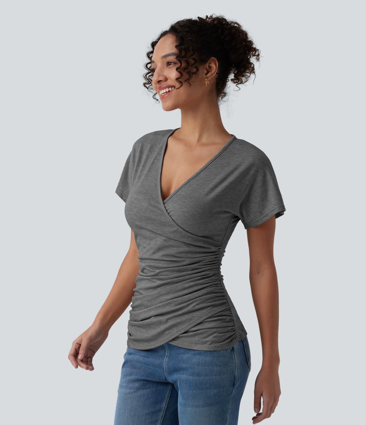 V Neck Short Sleeve Ruched Casual Top