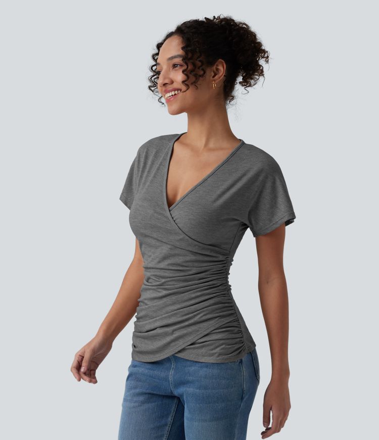 V Neck Short Sleeve Ruched Casual Top