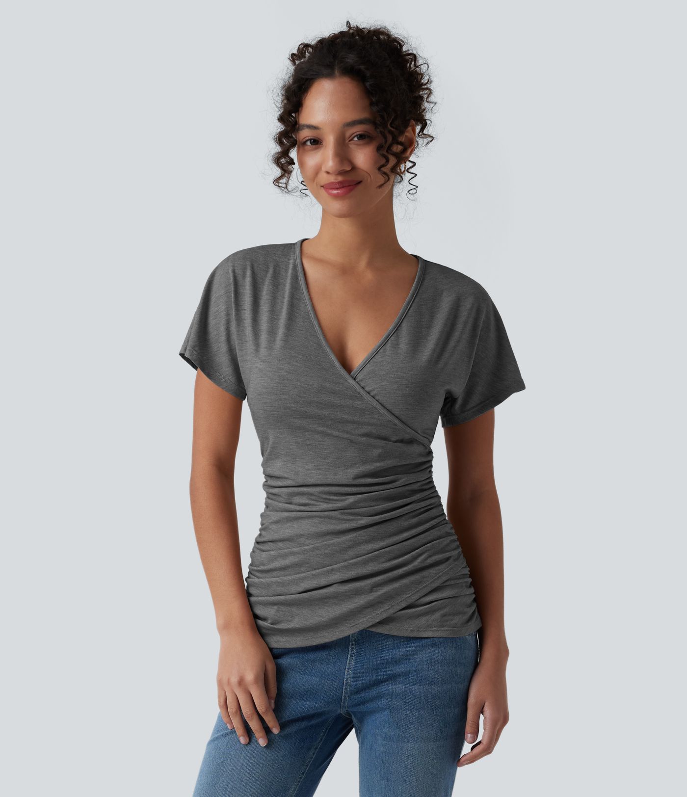 V Neck Short Sleeve Ruched Casual Top