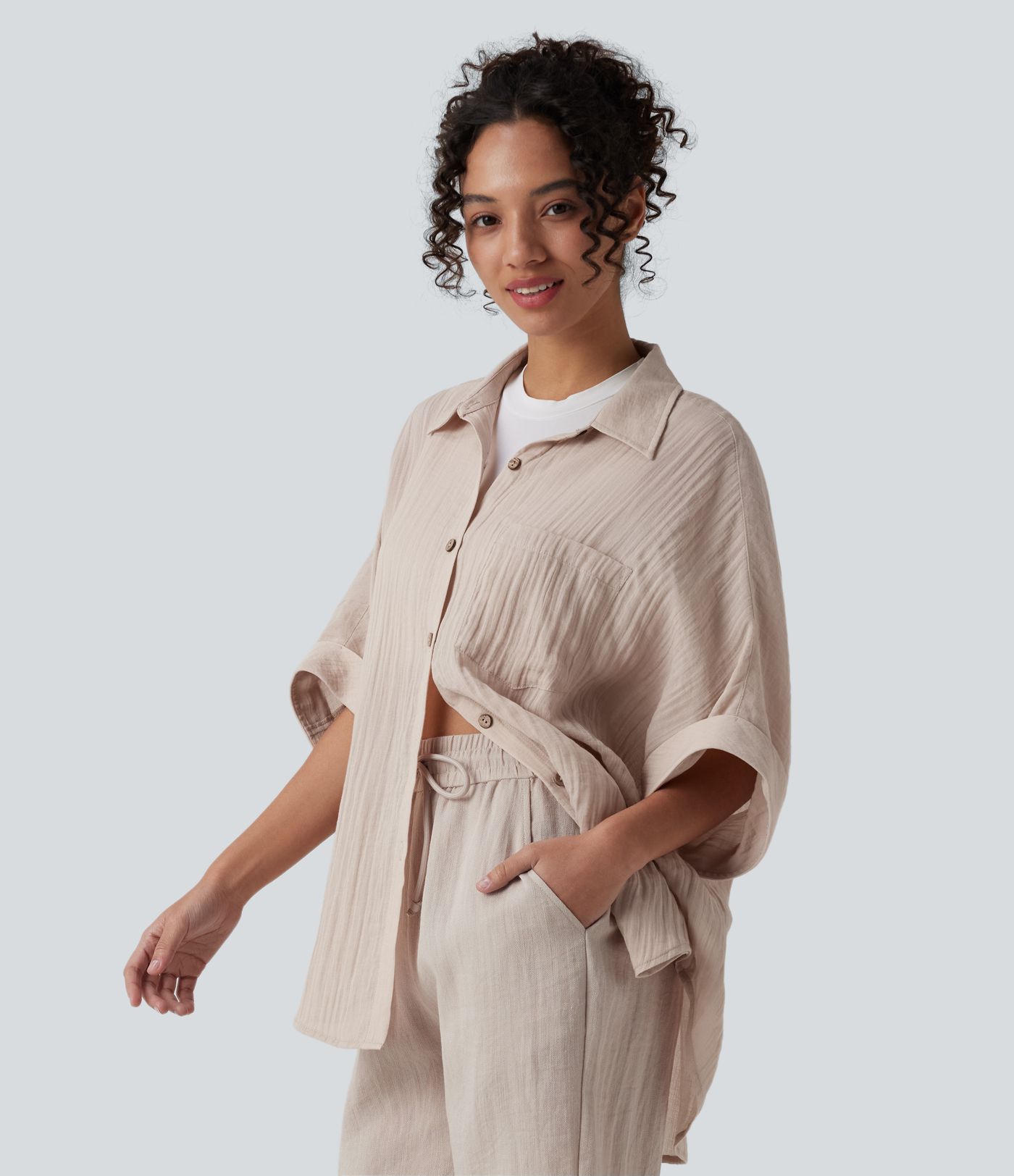 Half Sleeve Casual Linen-Feel Shirt with Pocket