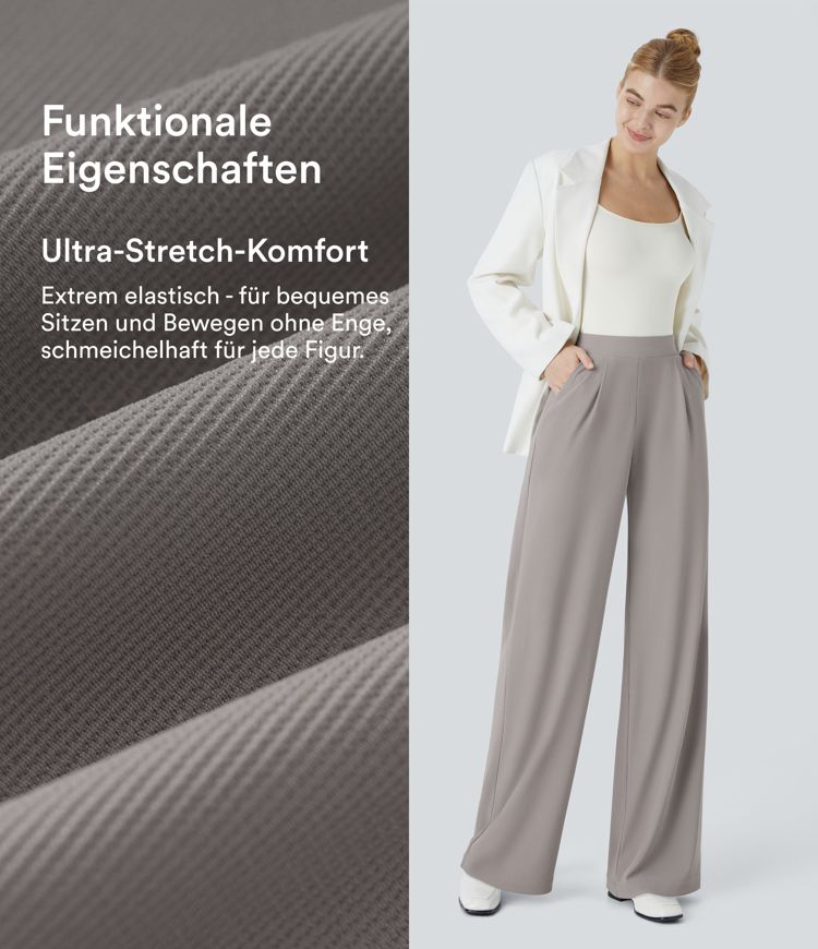 Delovne hlače Halara Flex™ z visokim pasom, oblikovalnim krojem, širokimi hlačnicami, žepi in mikro vaflasto teksturo