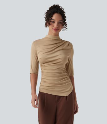 Ribbed Knit Mock Neck Half Sleeve Ruched Asymmetric Hem Casual Top
