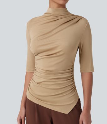 Ribbed Knit Mock Neck Half Sleeve Ruched Asymmetric Hem Casual Top