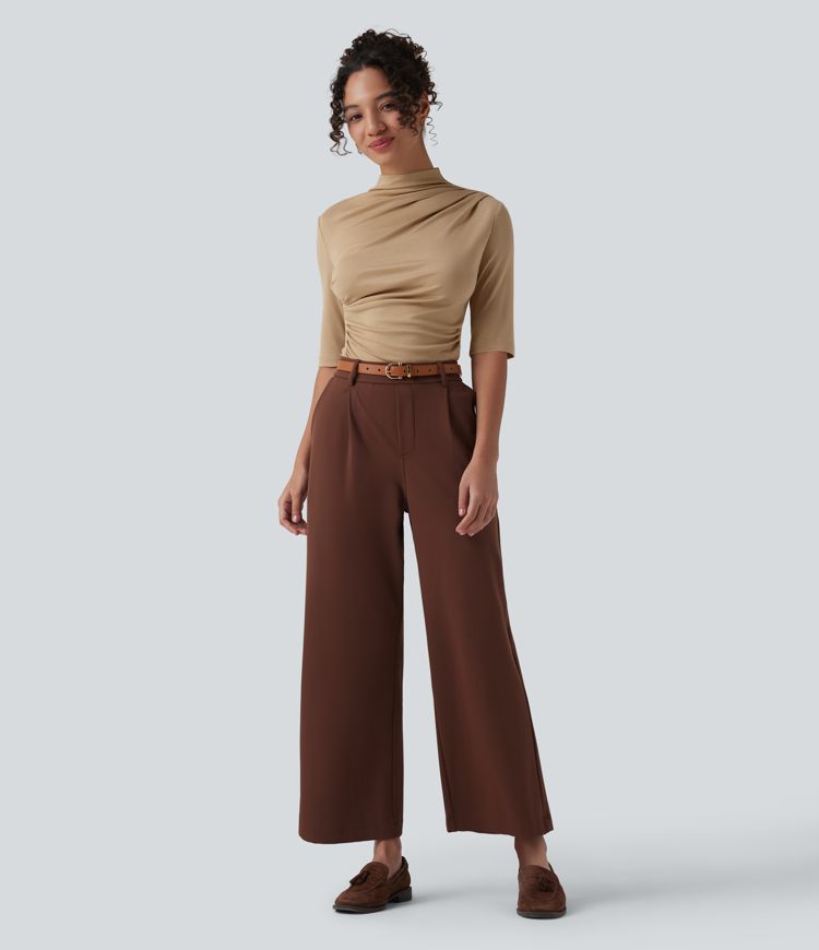 Ribbed Knit Mock Neck Half Sleeve Ruched Asymmetric Hem Casual Top