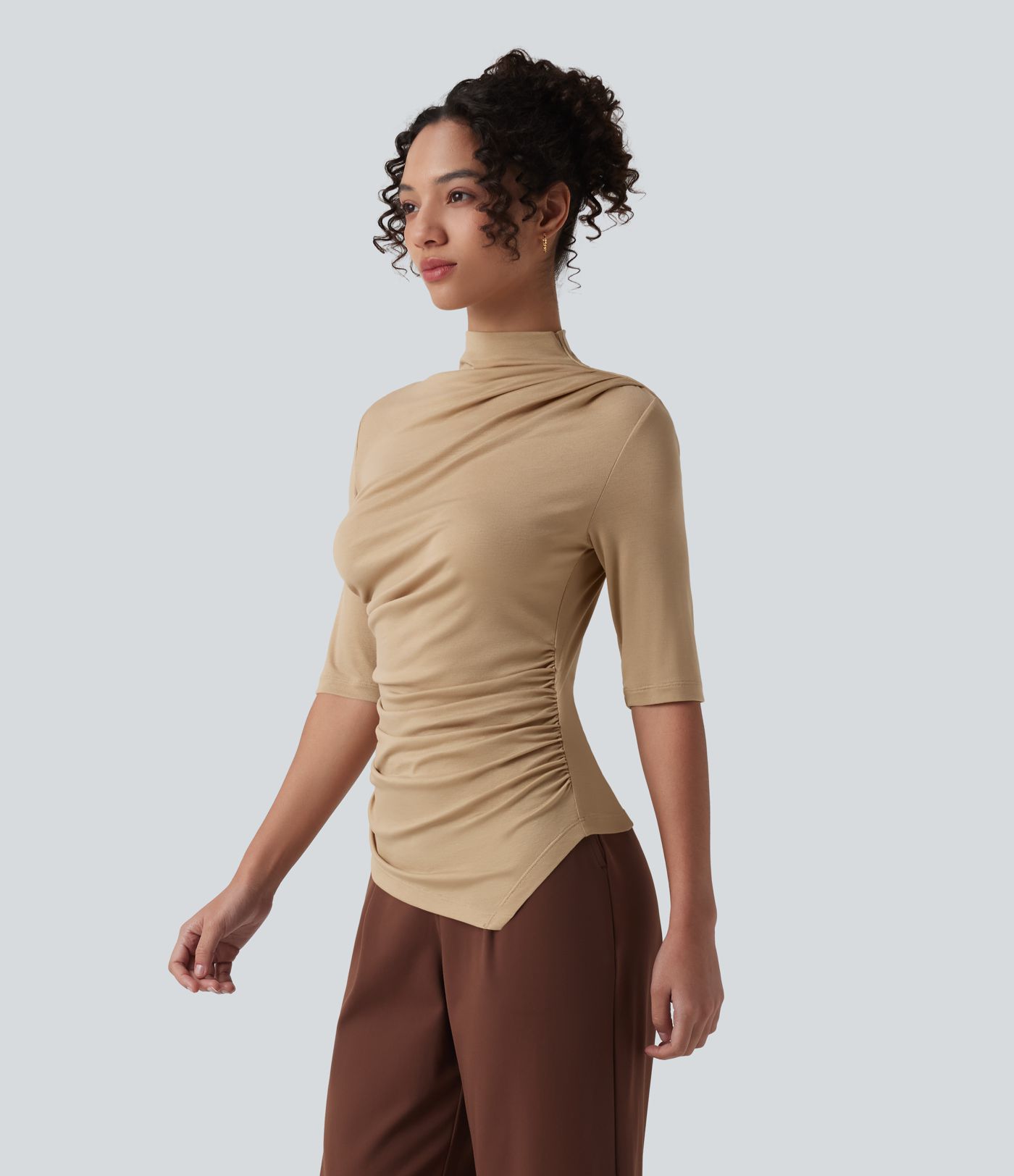 Ribbed Knit Mock Neck Half Sleeve Ruched Asymmetric Hem Casual Top