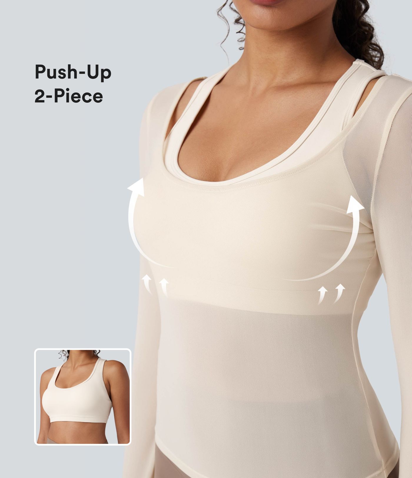 Transparentes Mesh-Top mit U-Ausschnitt, langen Ärmeln und Sport-BH mit Racerback - Push-Up