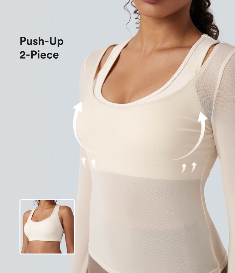 Transparentes Mesh-Top mit U-Ausschnitt, langen Ärmeln und Sport-BH mit Racerback - Push-Up