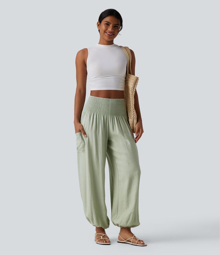 High Waisted Shirred Linen-Feel Joggers with Pockets