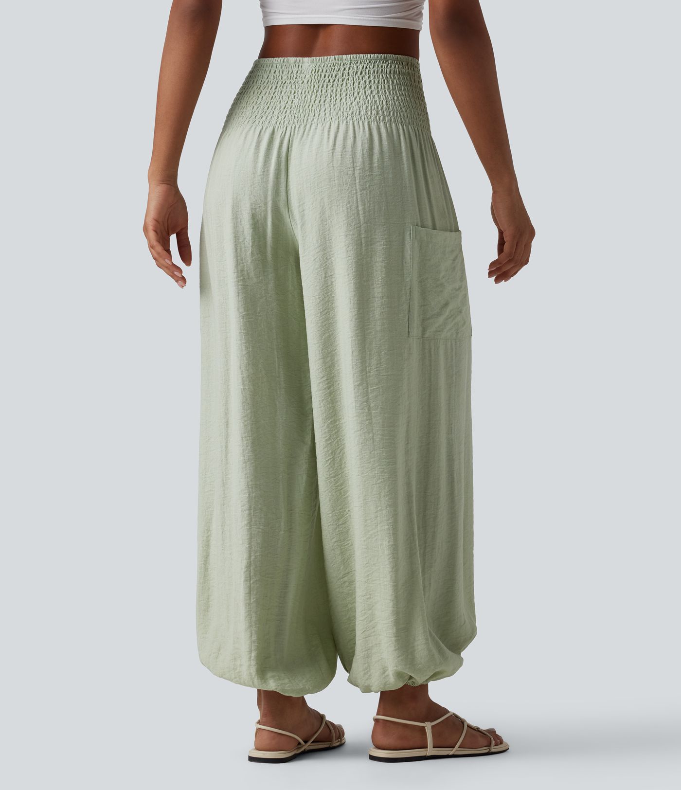 High Waisted Shirred Linen-Feel Joggers with Pockets