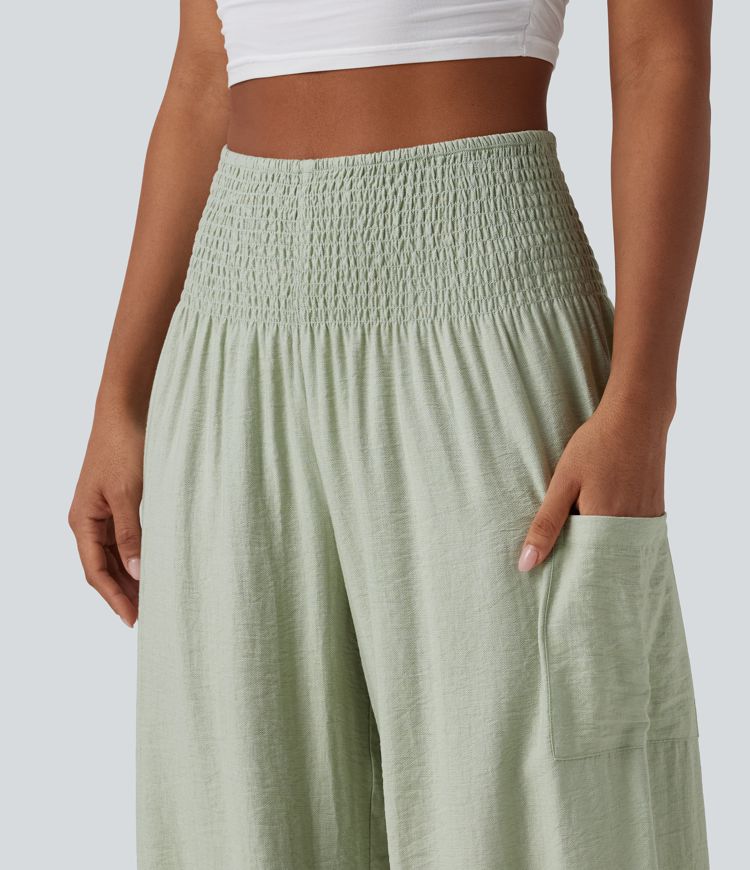 High Waisted Shirred Linen-Feel Joggers with Pockets