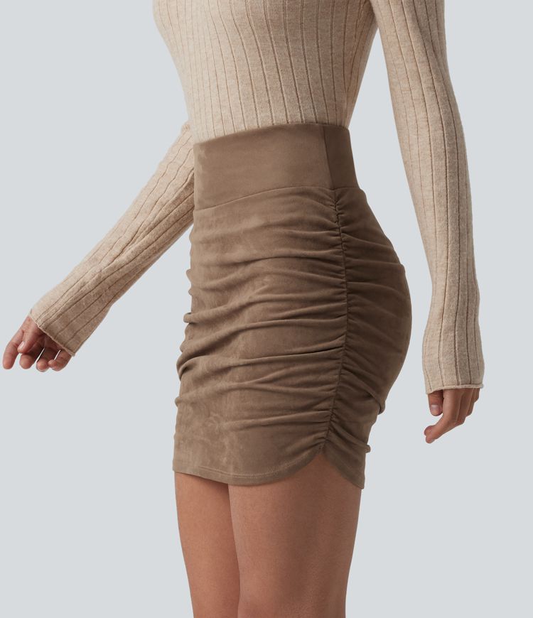High Waisted Tummy Control Ruched Curved Hem Bodycon 2-in-1 Suede Mini Skirt