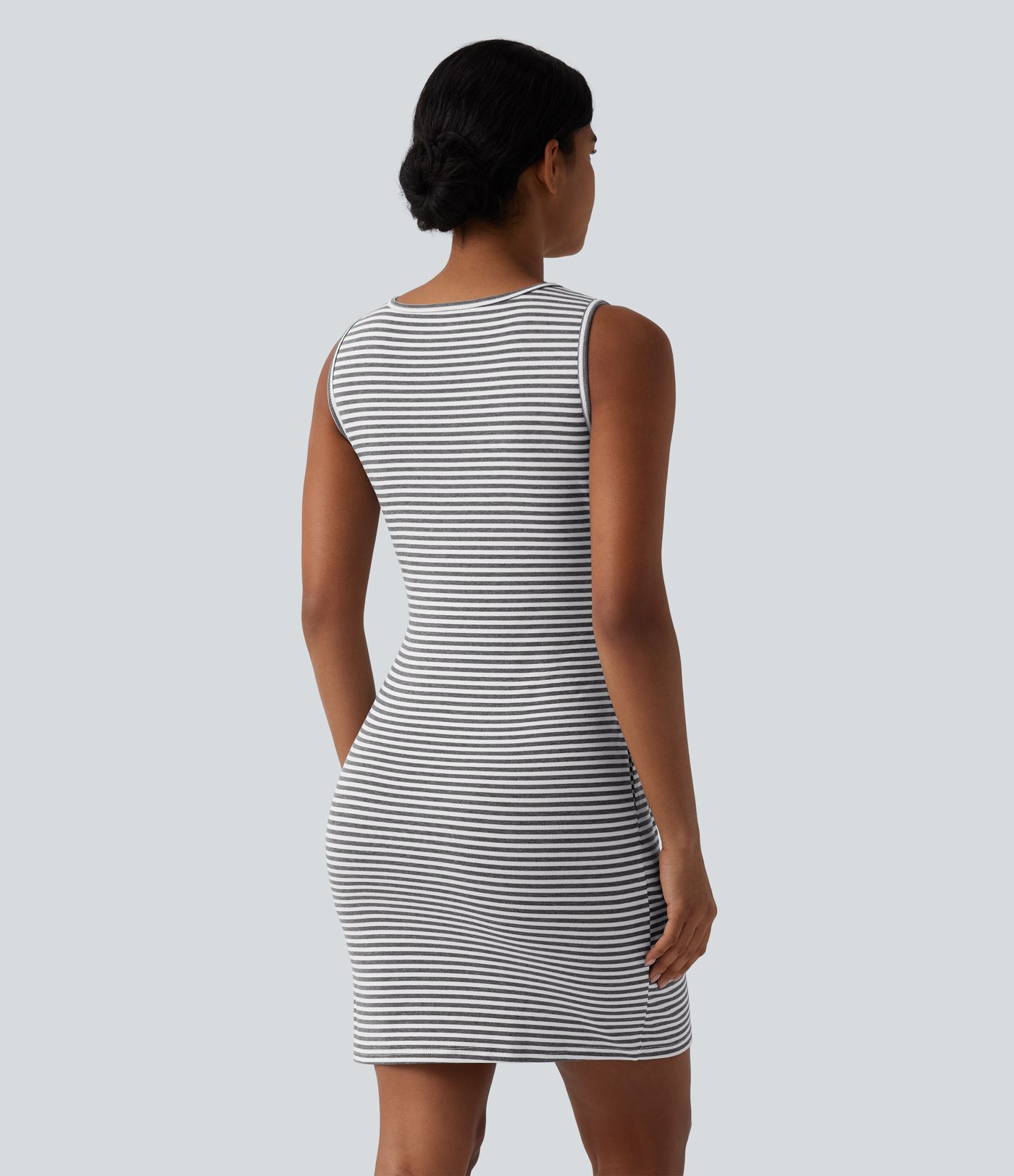 Round Neck Sleeveless Belted Bodycon Stripe Mini Casual Dress with Pockets