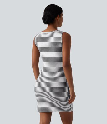 Round Neck Sleeveless Belted Bodycon Stripe Mini Casual Dress with Pockets