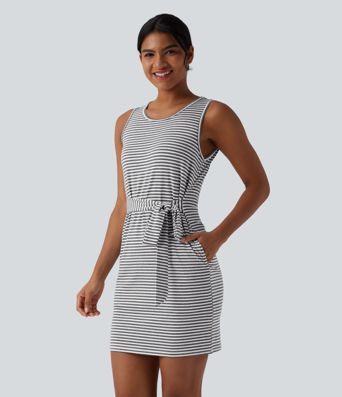 Round Neck Sleeveless Belted Bodycon Stripe Mini Casual Dress with Pockets