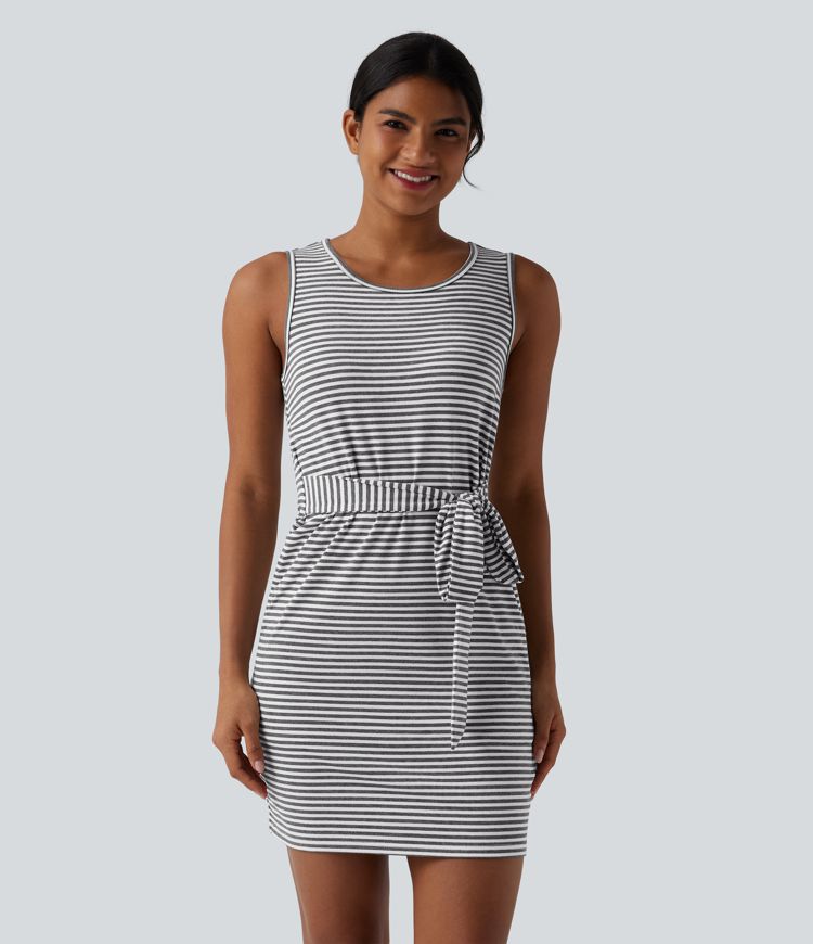 Round Neck Sleeveless Belted Bodycon Stripe Mini Casual Dress with Pockets
