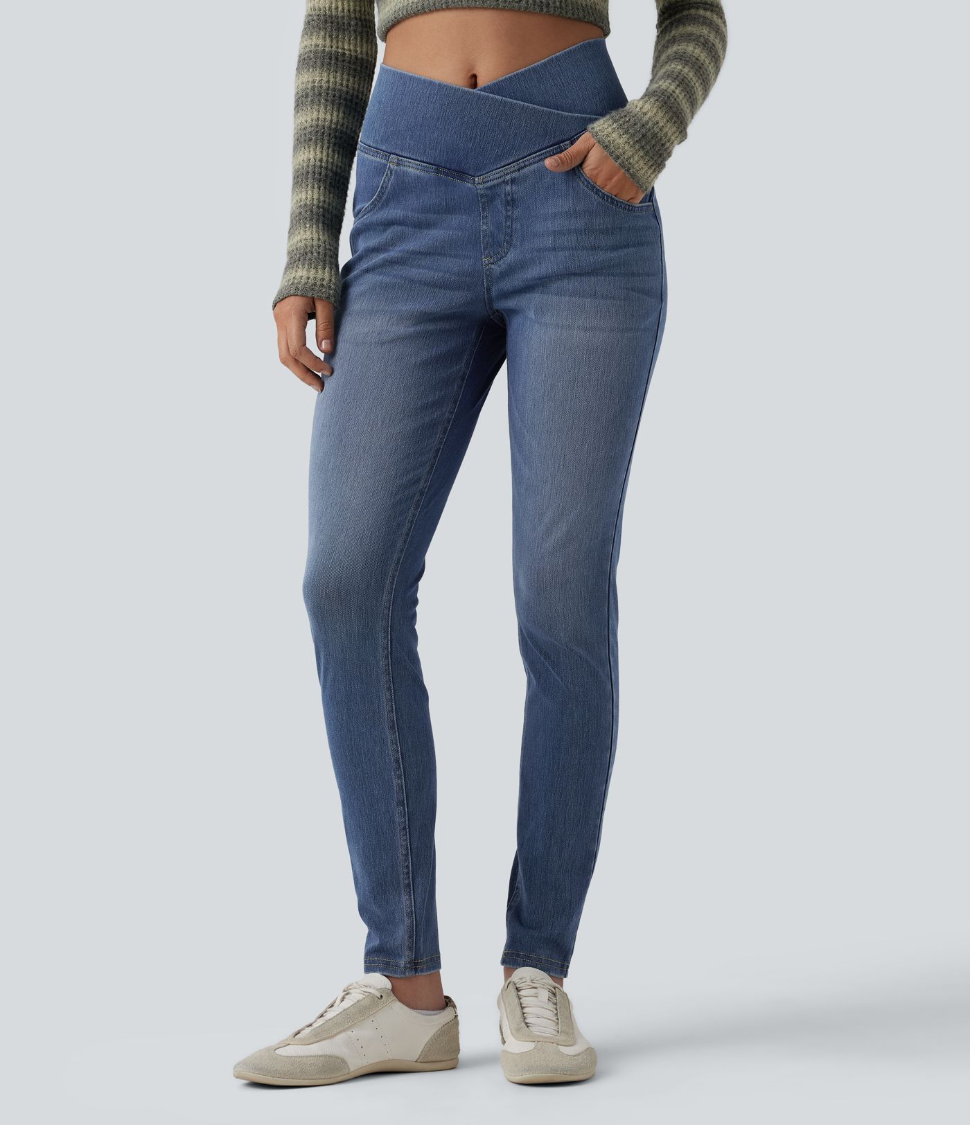 Halara Flex™ Crossover High Waisted Casual Denim Leggings with Pockets