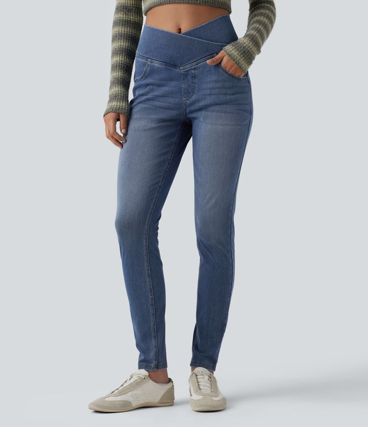 Halara Flex™ Crossover High Waisted Casual Denim Leggings with Pockets