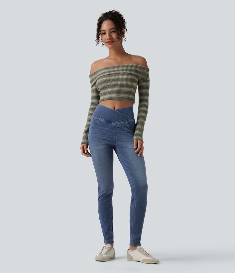 Halara Flex™ Crossover High Waisted Casual Denim Leggings with Pockets