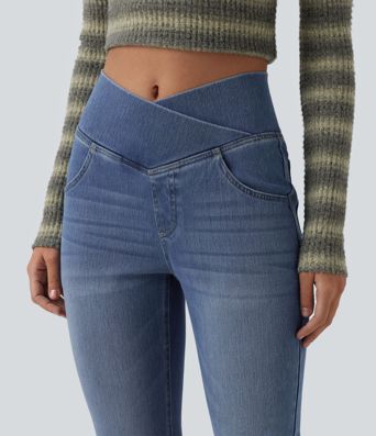 Halara Flex™ Crossover High Waisted Casual Denim Leggings with Pockets