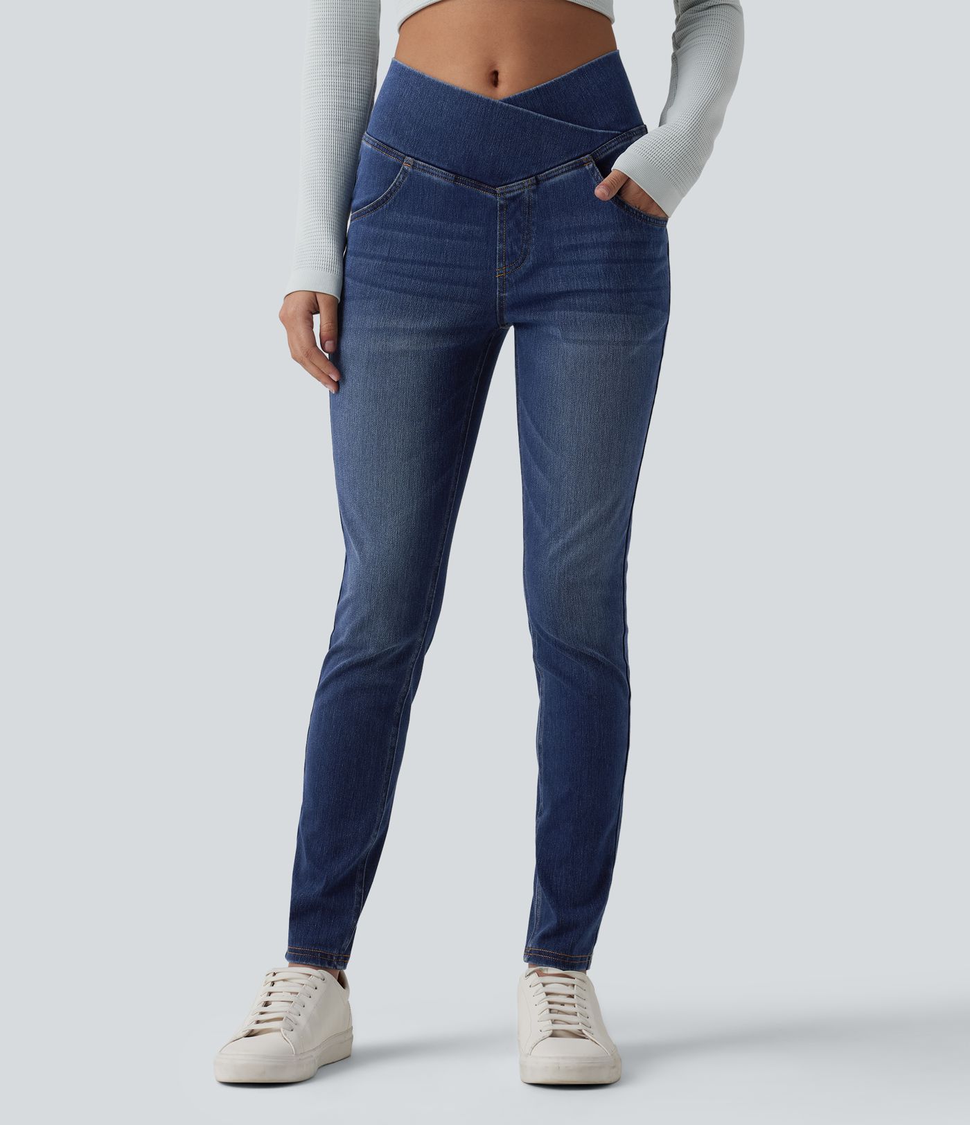 Halara Flex™ - Lässige Denim-Leggings mit hohem Crossover-Bund und mehreren Taschen