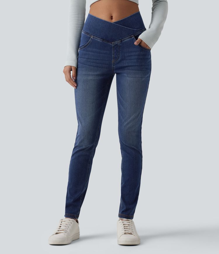 Halara Flex™ - Lässige Denim-Leggings mit hohem Crossover-Bund und mehreren Taschen