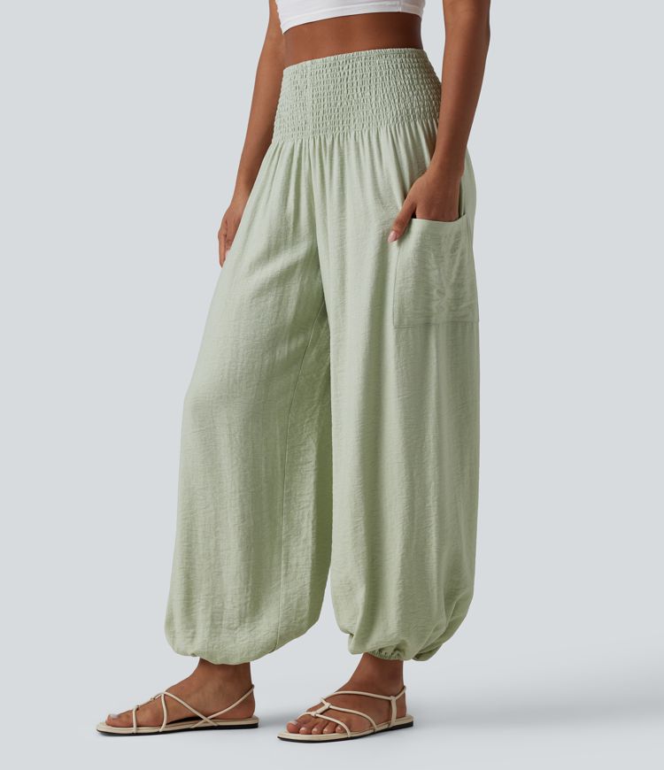 High Waisted Shirred Linen-Feel Joggers with Pockets