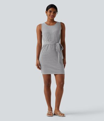 Round Neck Sleeveless Belted Bodycon Stripe Mini Casual Dress with Pockets