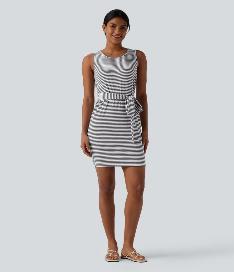 Round Neck Sleeveless Belted Bodycon Stripe Mini Casual Dress with Pockets