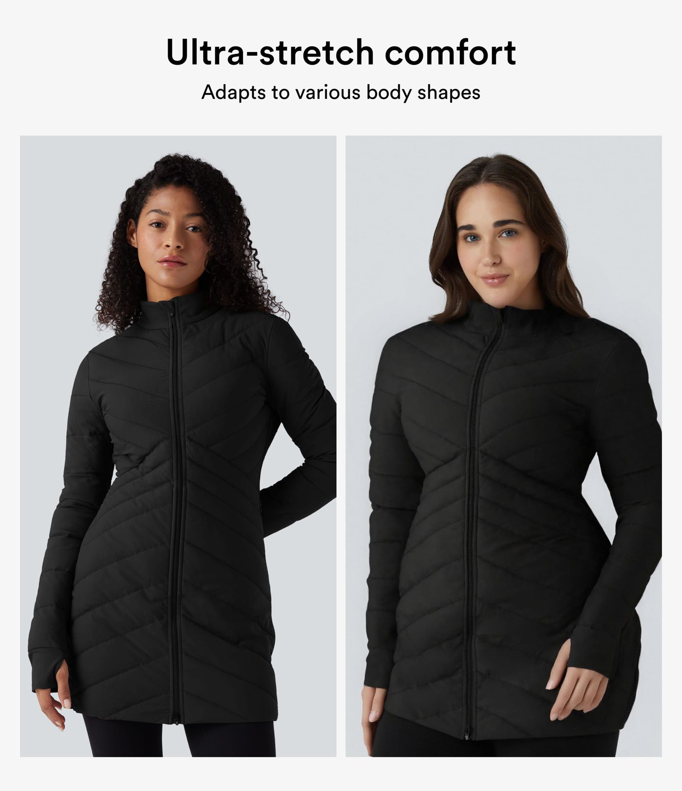 Chaqueta acolchada casual de corte ajustada y elástica con cuello alto, mangas largas, aberturas para los pulgares, dobladillo con cremallera y bolsillos.