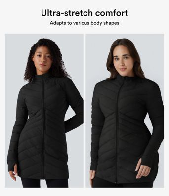 Chaqueta acolchada casual de corte ajustada y elástica con cuello alto, mangas largas, aberturas para los pulgares, dobladillo con cremallera y bolsillos.