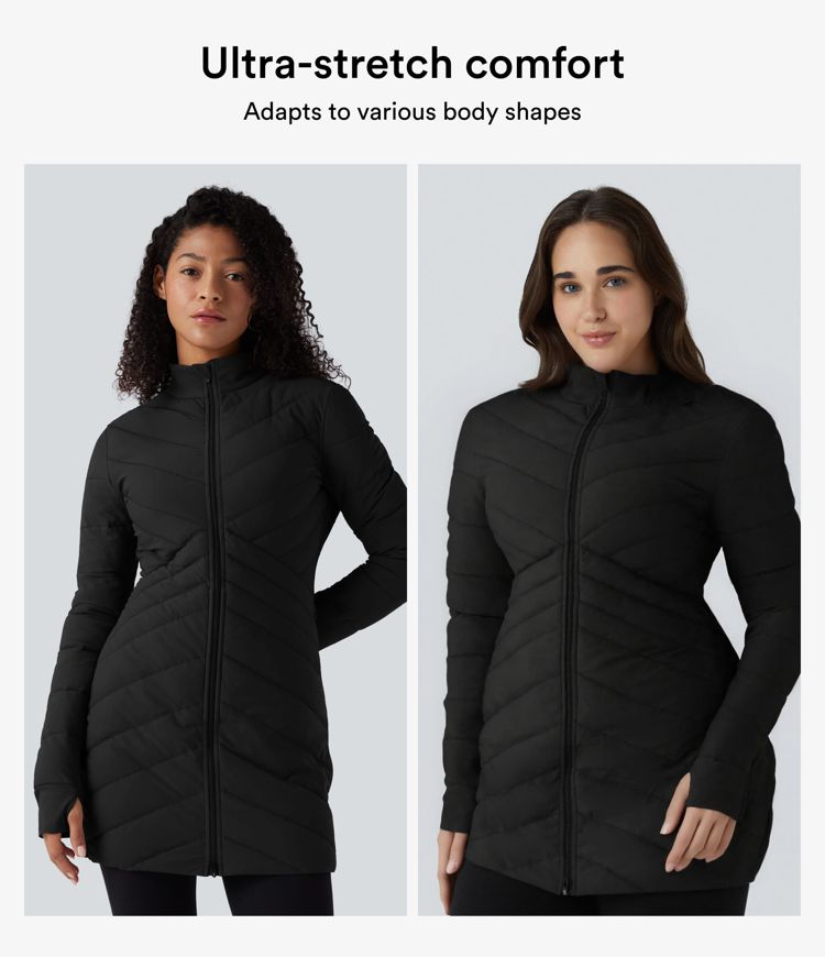 Chaqueta acolchada casual de corte ajustada y elástica con cuello alto, mangas largas, aberturas para los pulgares, dobladillo con cremallera y bolsillos.