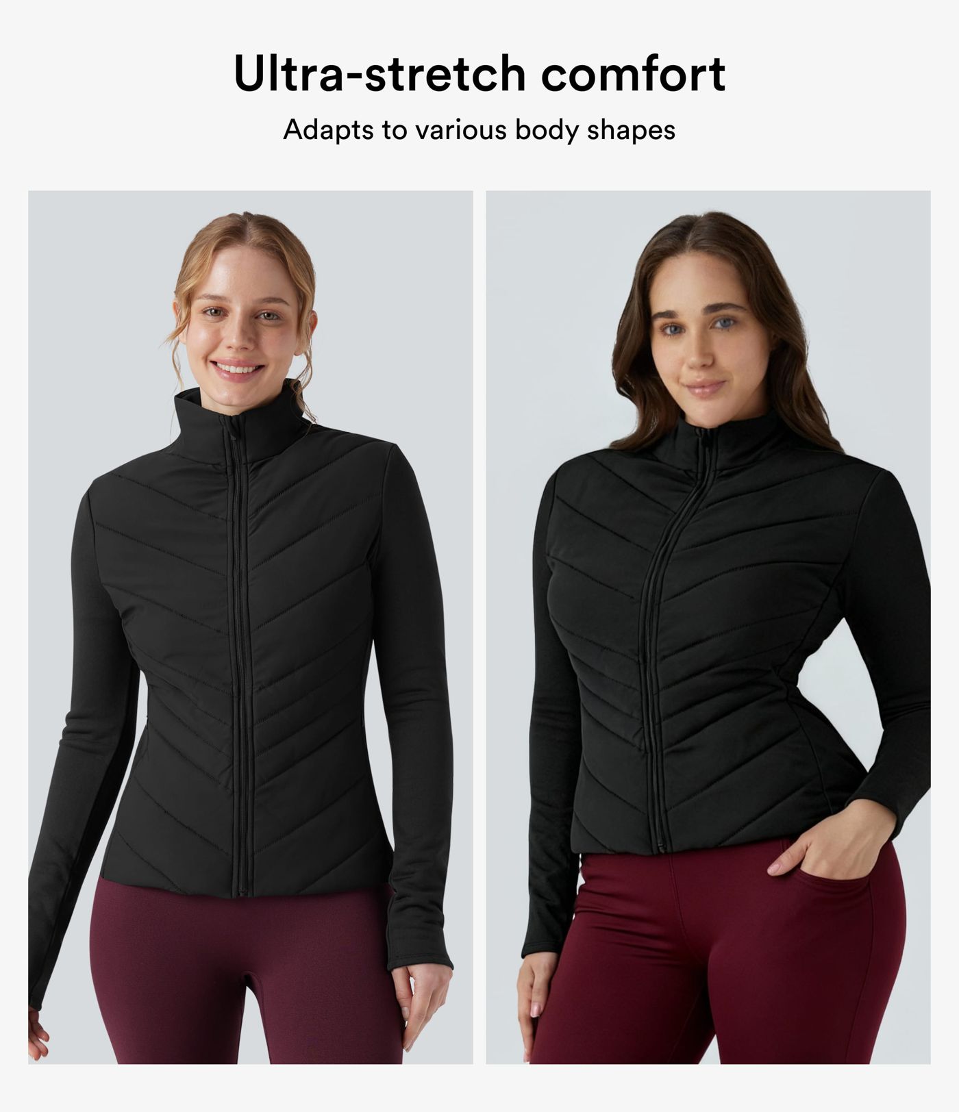 PuffFlex Stand Collar Zipper Long Sleeve Running Quilted Jacket with Pockets