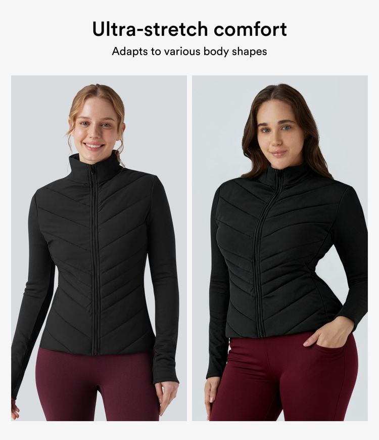 PuffFlex Stand Collar Zipper Long Sleeve Running Quilted Jacket with Pockets